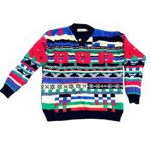 Vintage PACO Geometric Abstract Lambswool Knit Sweater Size L/XL Unisex Winter